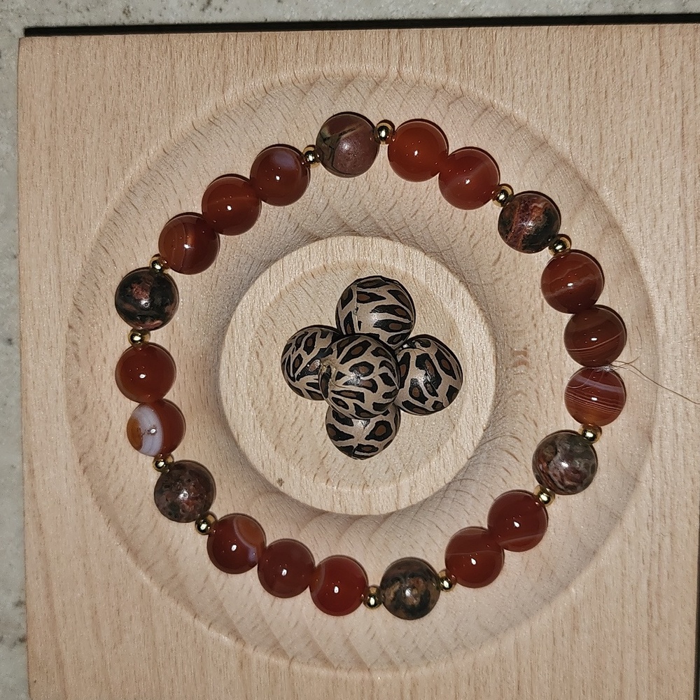 🔥 Natural Leopard Jasper & Red lace agate Crystal Beads Bracelet 7.5